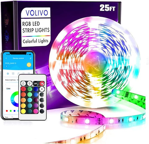 VOLIVO LED Strip 25ft with remote control for easy in-room lighting customization.