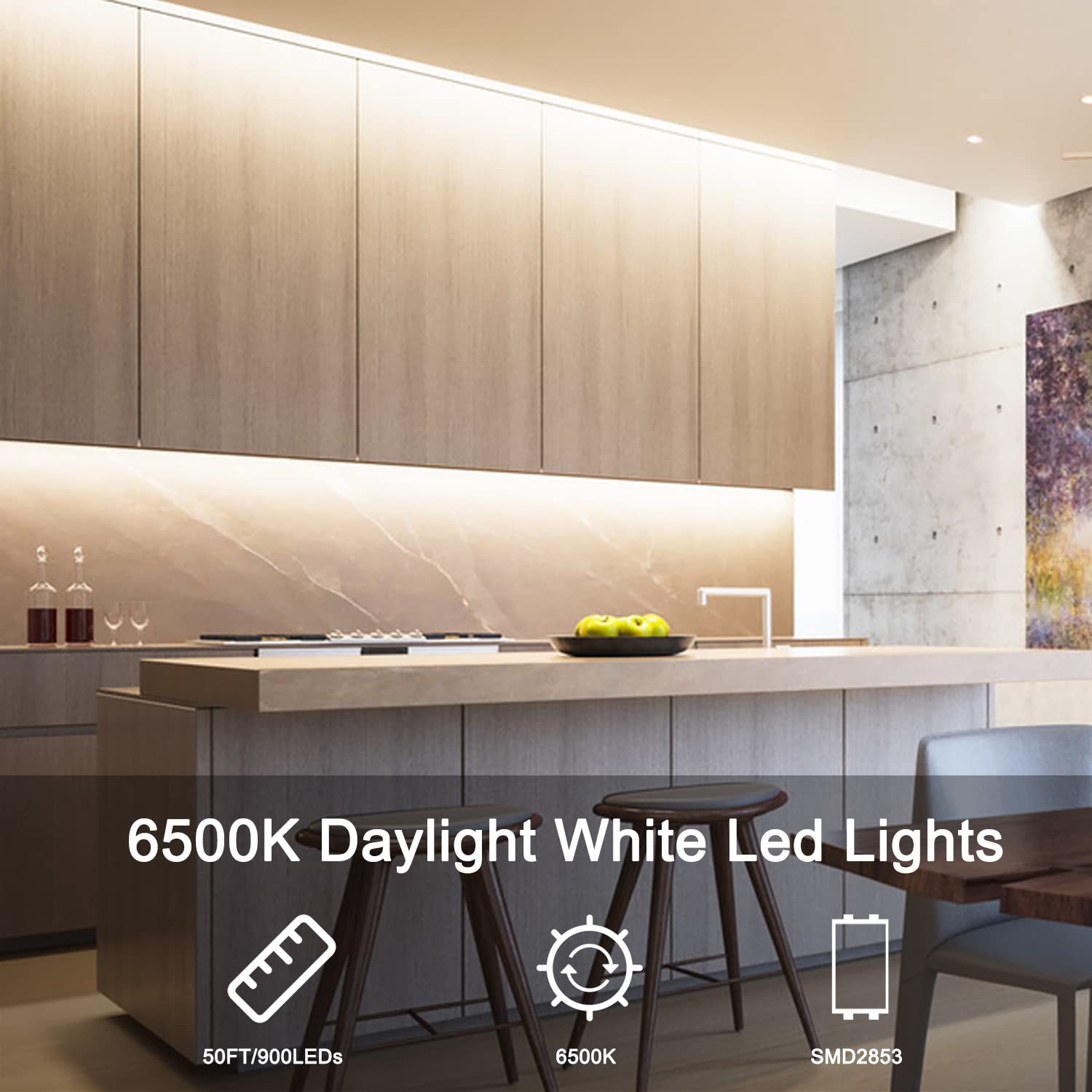 VOLIVO white LED strip under kitchen cabinets provides clear task lighting