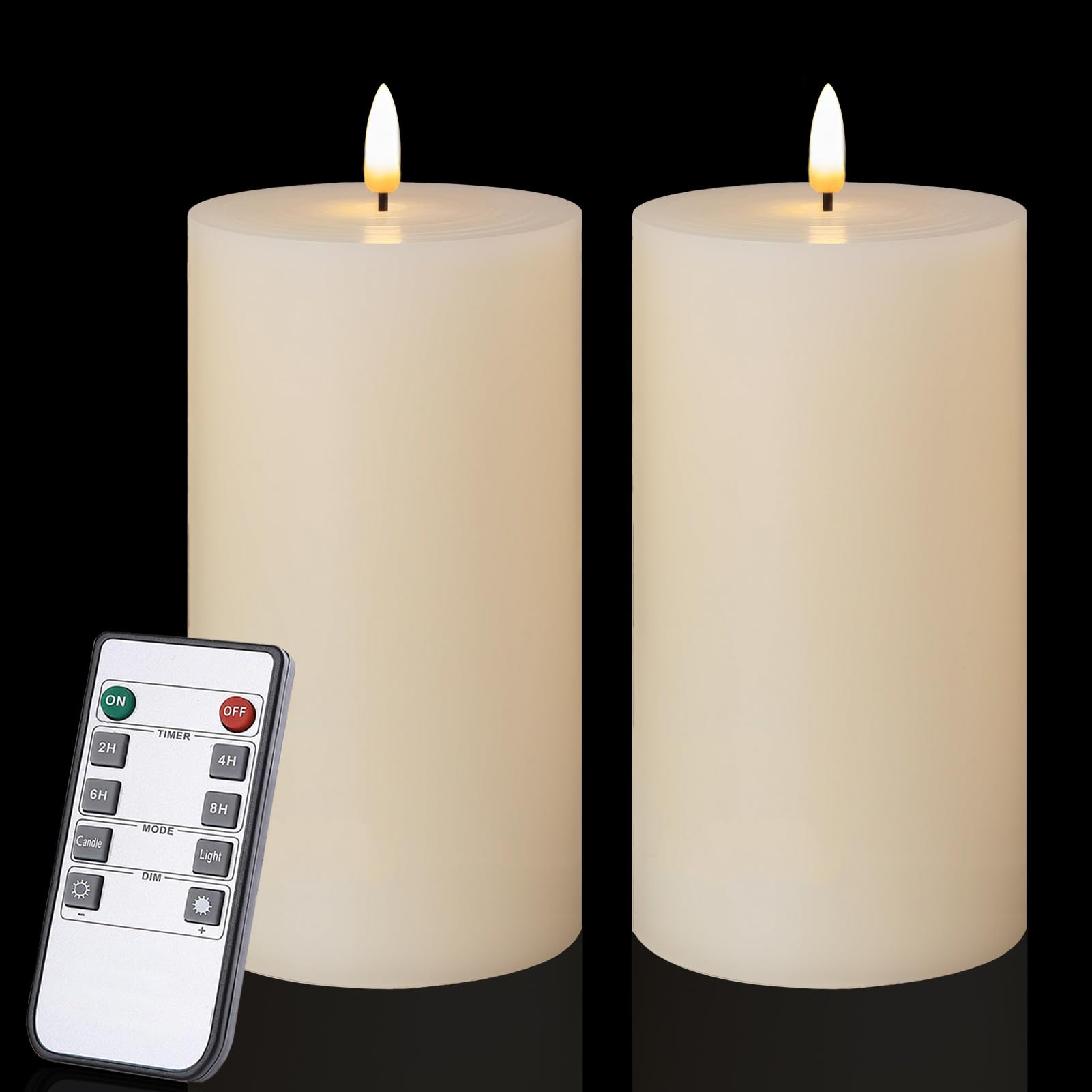 Volnyus flameless candles, two 3x6 ivory pillars, flat tops, create cozy ambience safely at night.