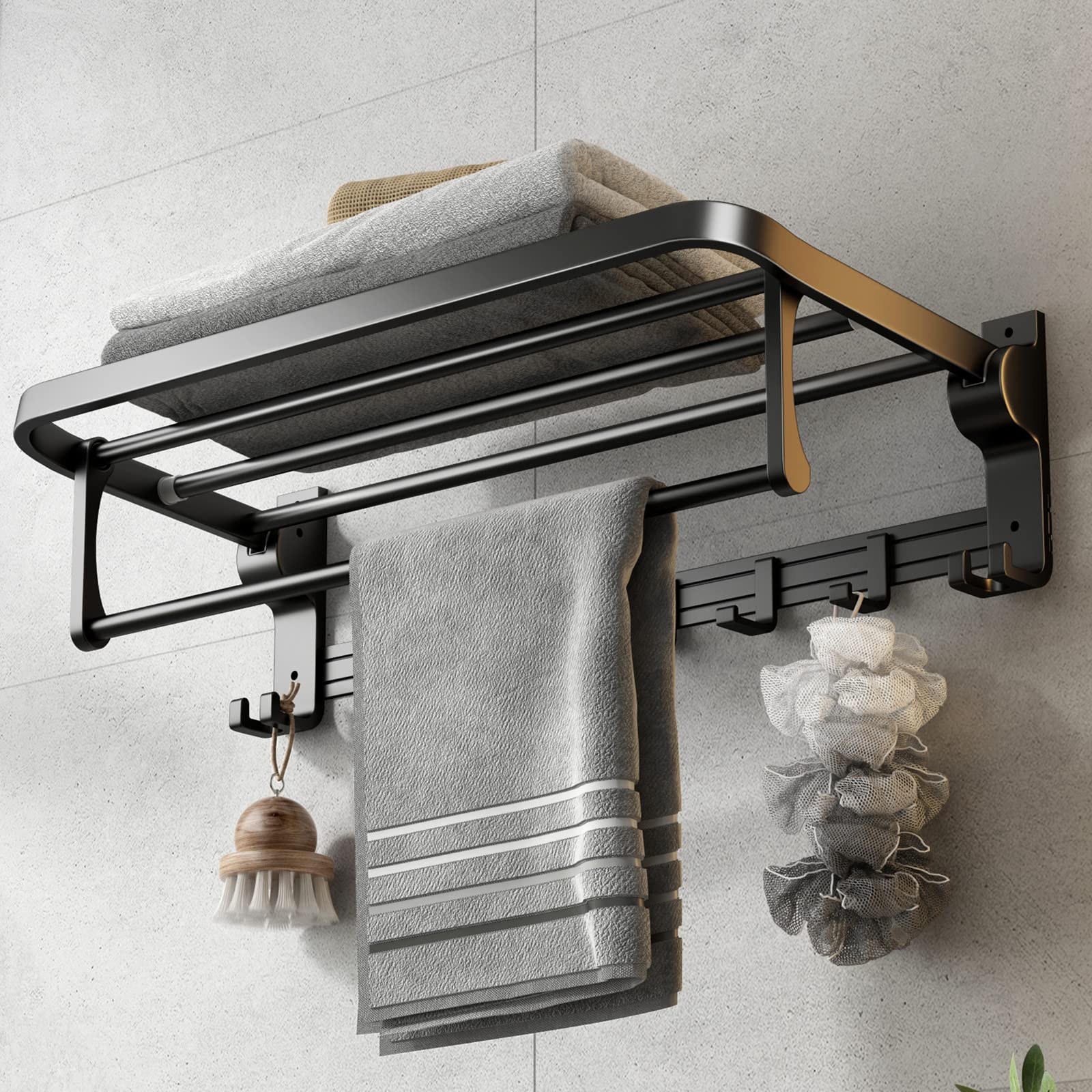 VOLPONE 24-inch towel rack with foldable shelf for space-saving bathrooms.