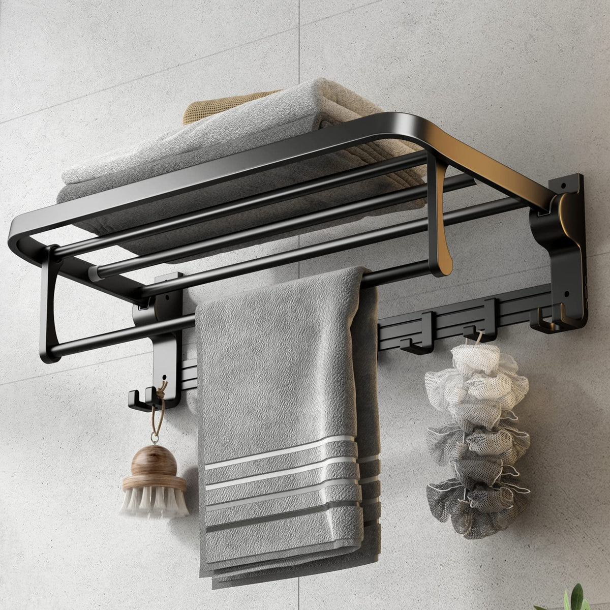 VOLPONE 24-inch towel rack with foldable shelf for space-saving bathrooms.