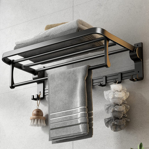 VOLPONE 24-inch towel rack with foldable shelf for space-saving bathrooms.