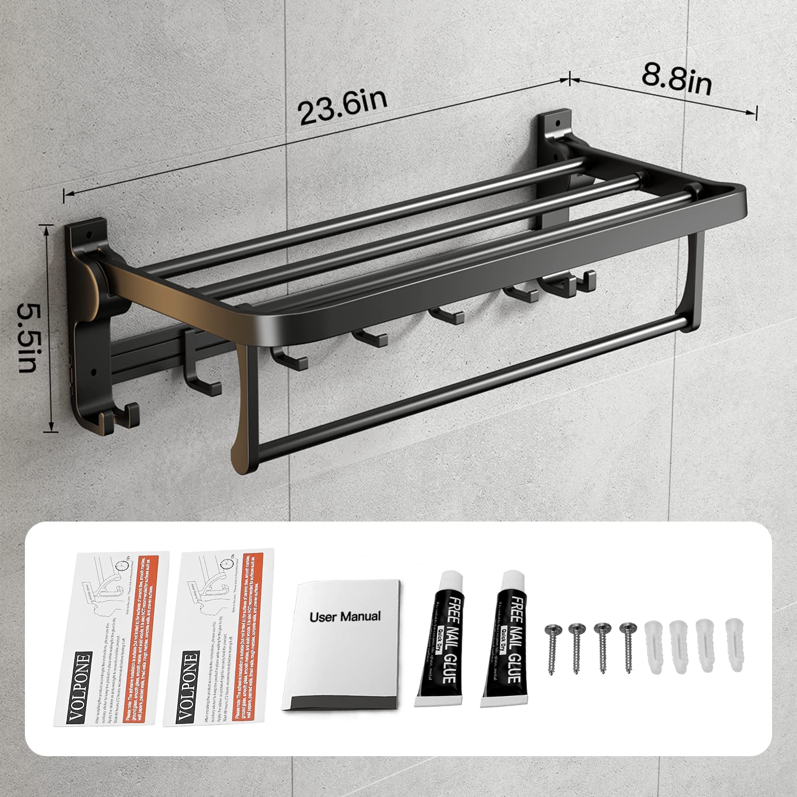 VOLPONE foldable towel bar saves space in compact bathrooms.
