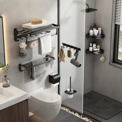 VOLPONE towel rack with matte black finish adds sleek, durable style.