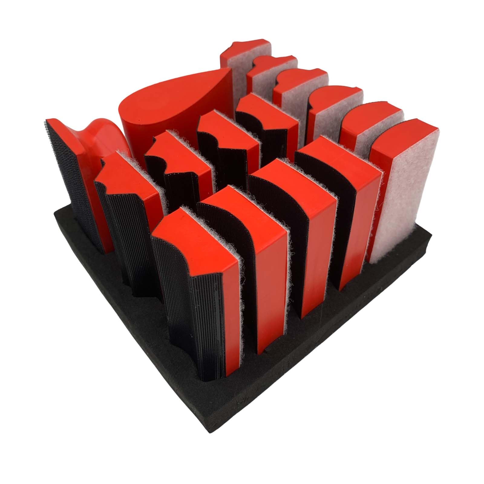 VOLSIVE hand sanding block set with assorted shapes for versatile wood finishing.