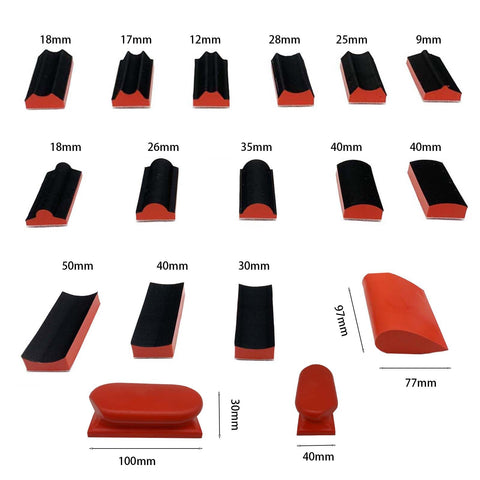 VOLSIVE interchangeable sanding block with quick clip for fast shape changes in tight corners.