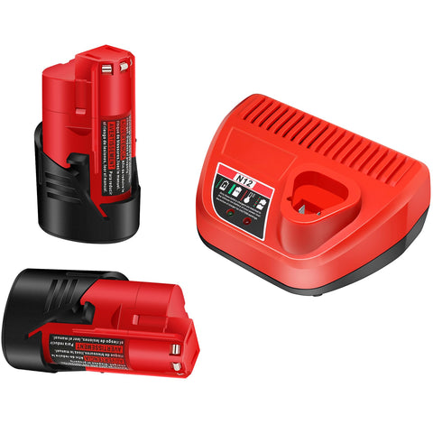 Volt1799 two-pack 3.0Ah 12V batteries ready for Milwaukee tools, ensuring longer runtime.