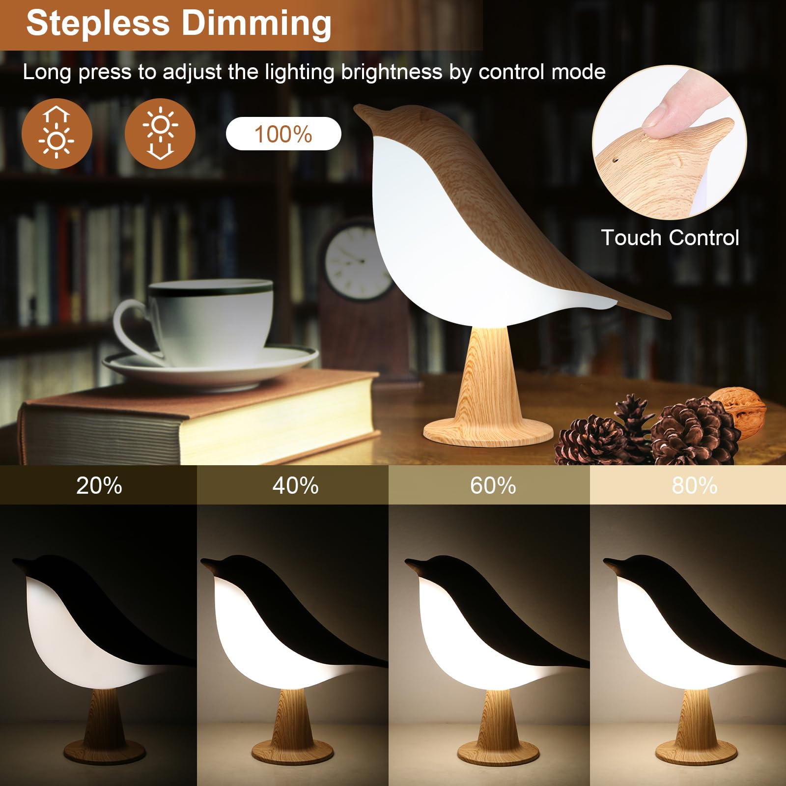 VoMii bird table lamp with three color temps for ambient mood lighting