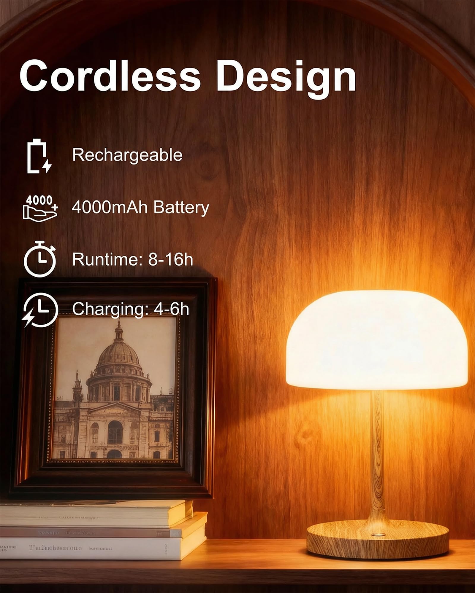 VoMii Mushroom Lamp shown cordless on a bathroom counter for clutter-free setup.