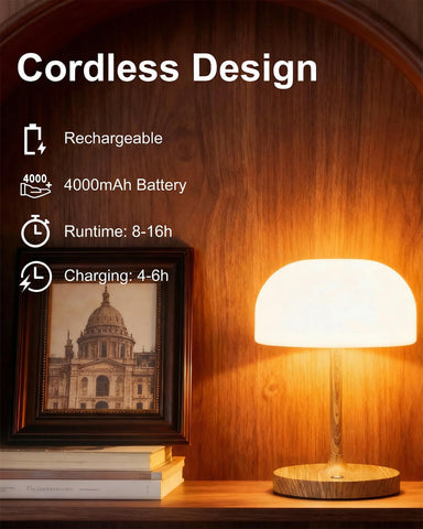 VoMii Mushroom Lamp shown cordless on a bathroom counter for clutter-free setup.