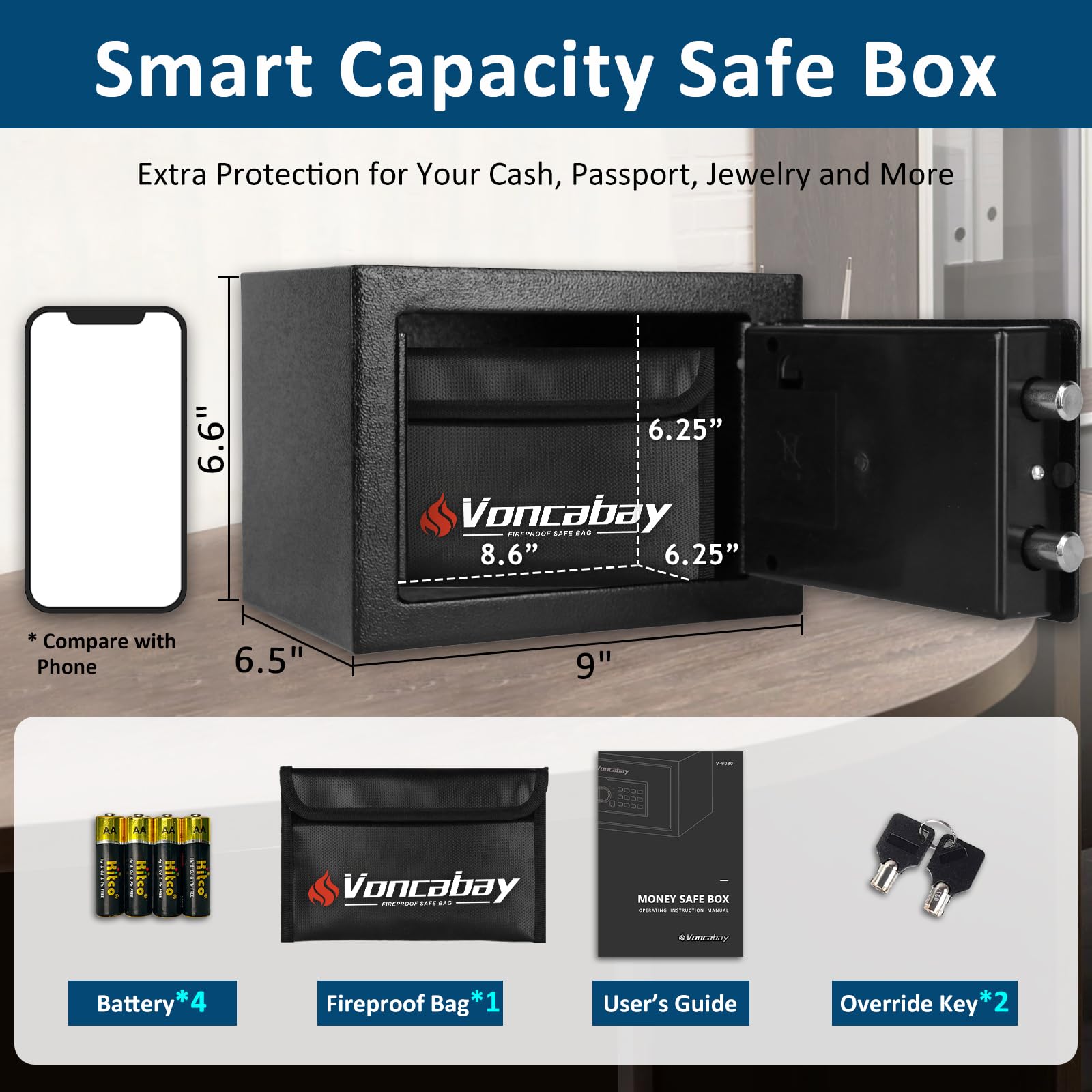 Voncabay money safe box keypad closeup showing the digital lock for quick access