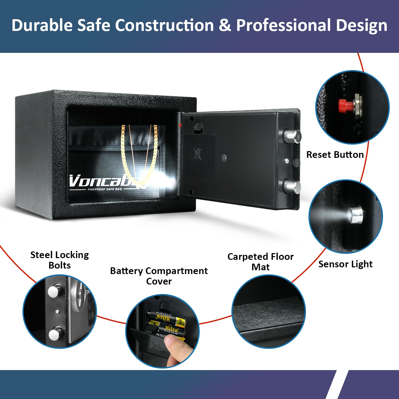 Voncabay safe dimensions label showing compact 0.23 cu ft capacity