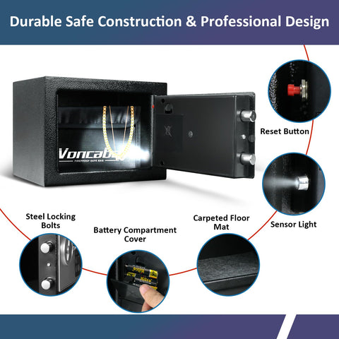 Voncabay safe dimensions label showing compact 0.23 cu ft capacity