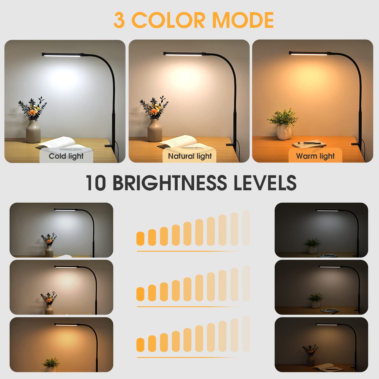 Voncerus clip-on light with goose neck offers flexible positioning for study desks.
