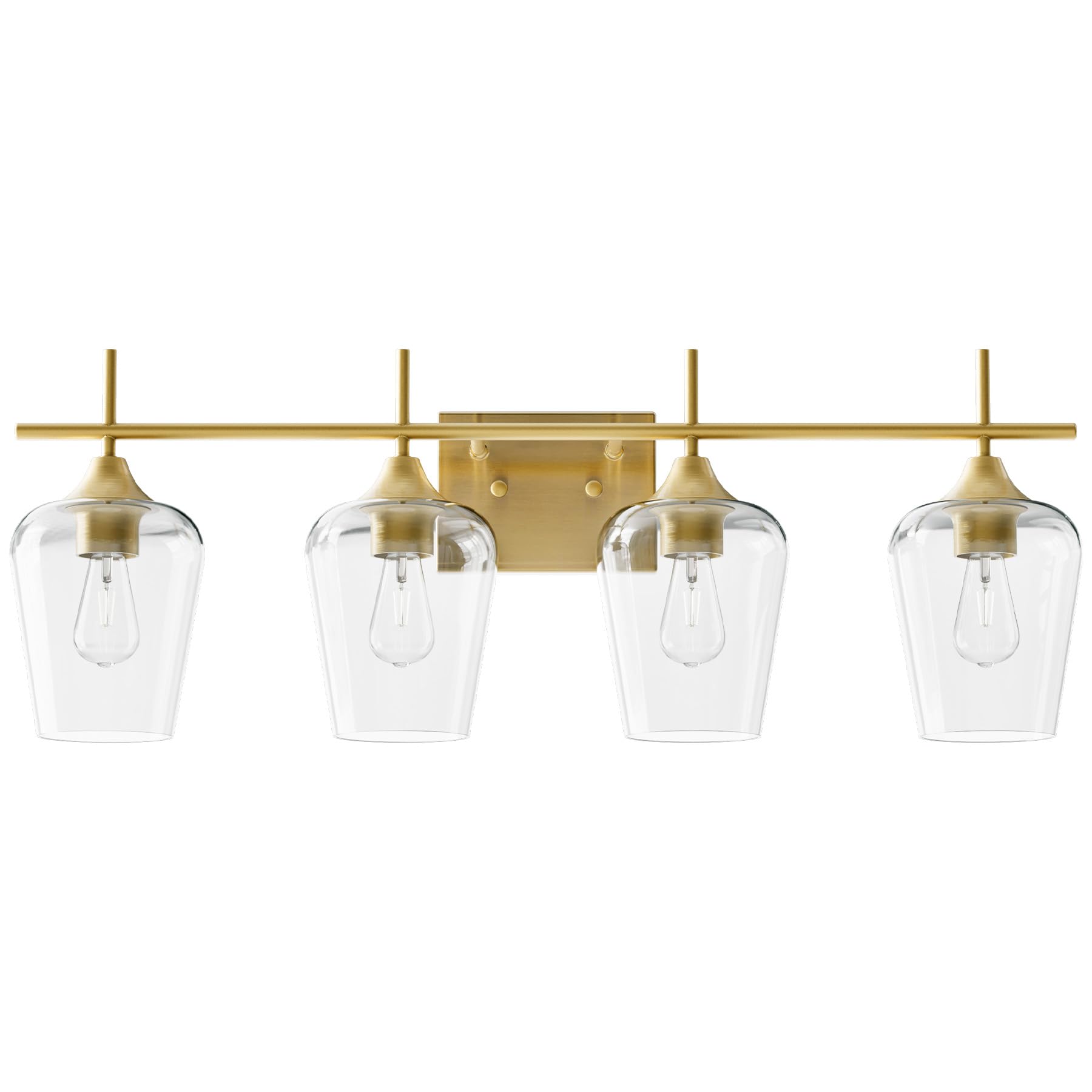 Vonluce 4-light vanity fixture with clear glass shades over mirror for modern bathrooms.