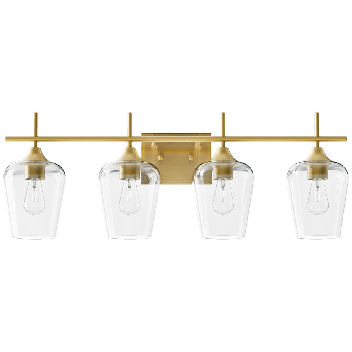 Vonluce 4-light vanity fixture with clear glass shades over mirror for modern bathrooms.