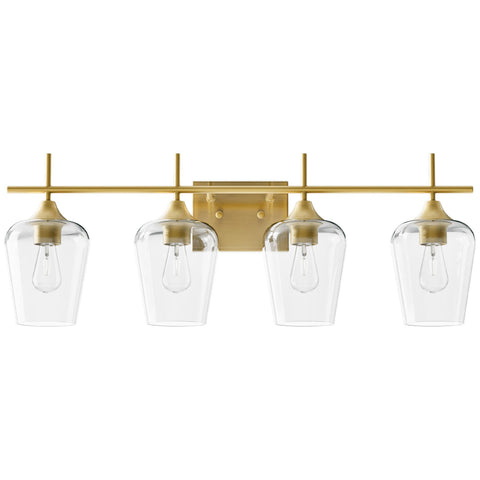 Vonluce 4-light vanity fixture with clear glass shades over mirror for modern bathrooms.
