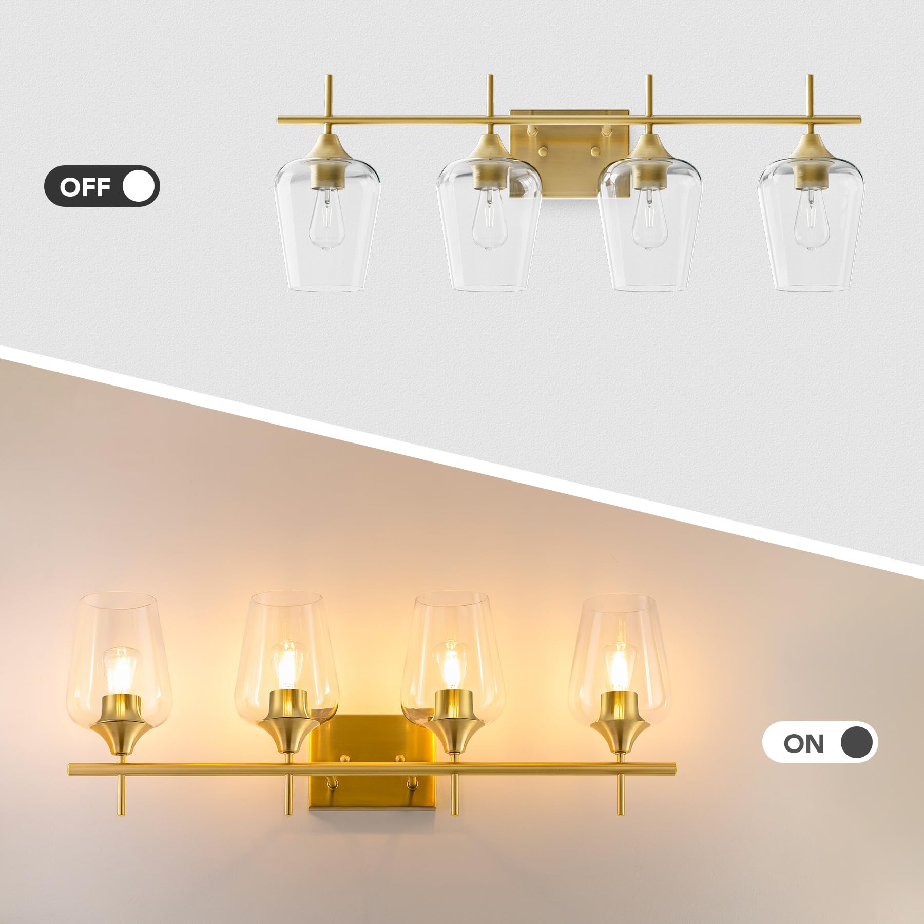 Vonluce clear glass shades on gold vanity light diffuse soft illumination for bathrooms.