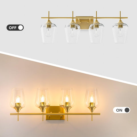 Vonluce clear glass shades on gold vanity light diffuse soft illumination for bathrooms.