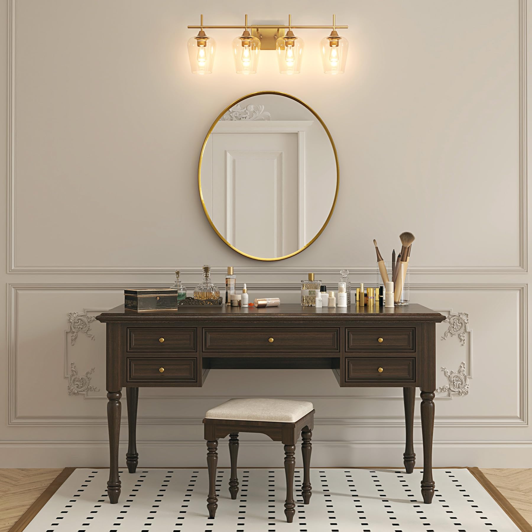 Vonluce gold-finish metal close-up highlighting contemporary bathroom style.