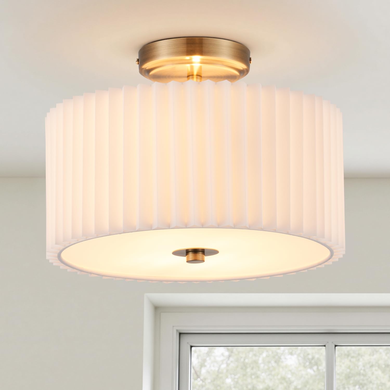 VONLUCE semi-flush drum light with bronze finish and white pleated shade enhances entryway ambience.