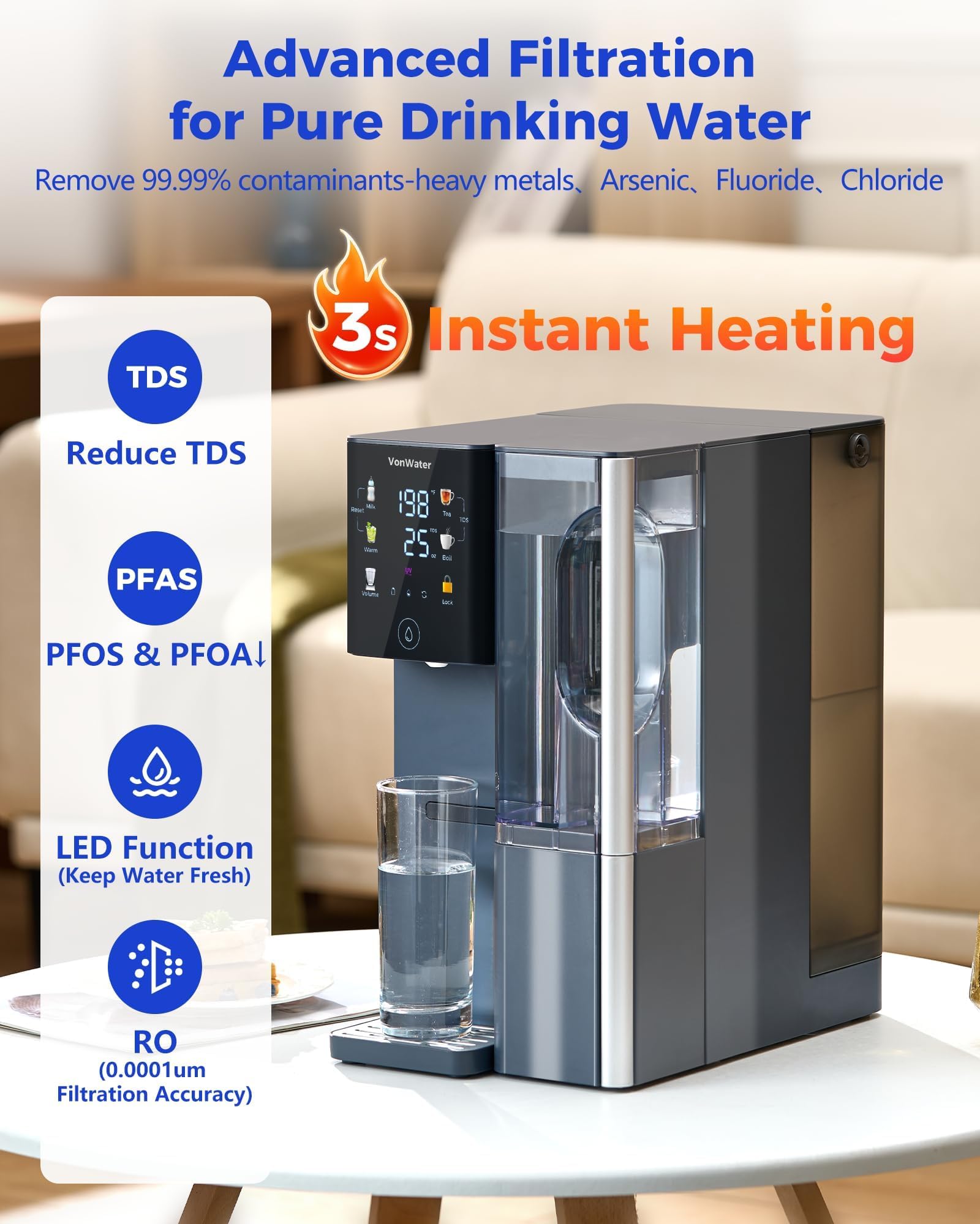 VonWater CT910H instant hot settings display for convenient beverage preparation.