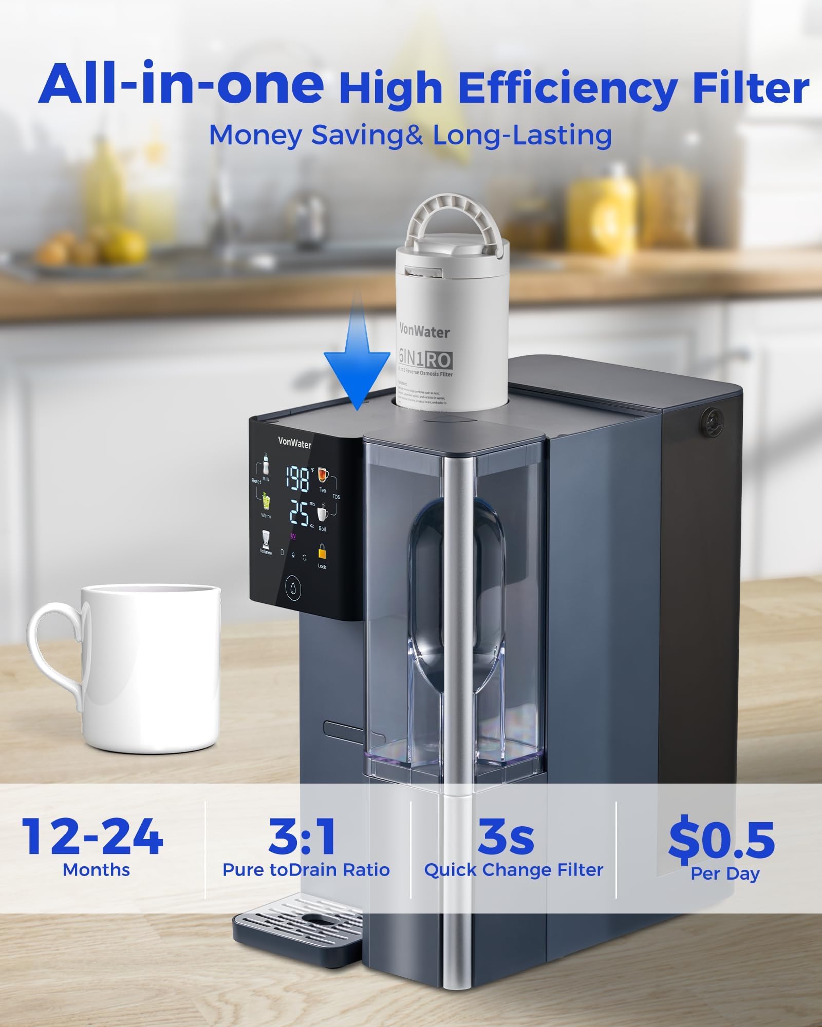VonWater CT910H real-time TDS and filter life indicators on the touch screen.
