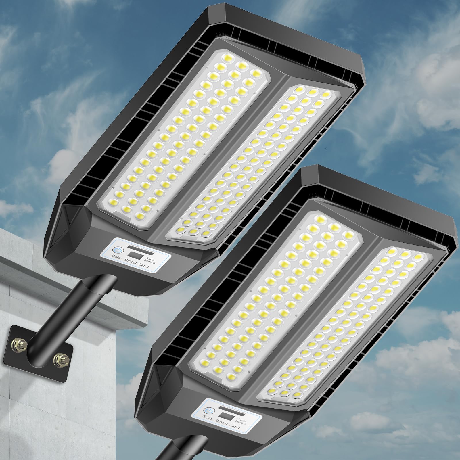 VOOJOY solar street light in dusk-to-dawn mode lights a parking lot.