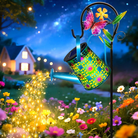VOOKRY blue metal solar watering can lantern adds whimsical charm to outdoor spaces.
