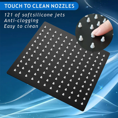 Voolan 10-inch black matte shower head enhances modern bathrooms.