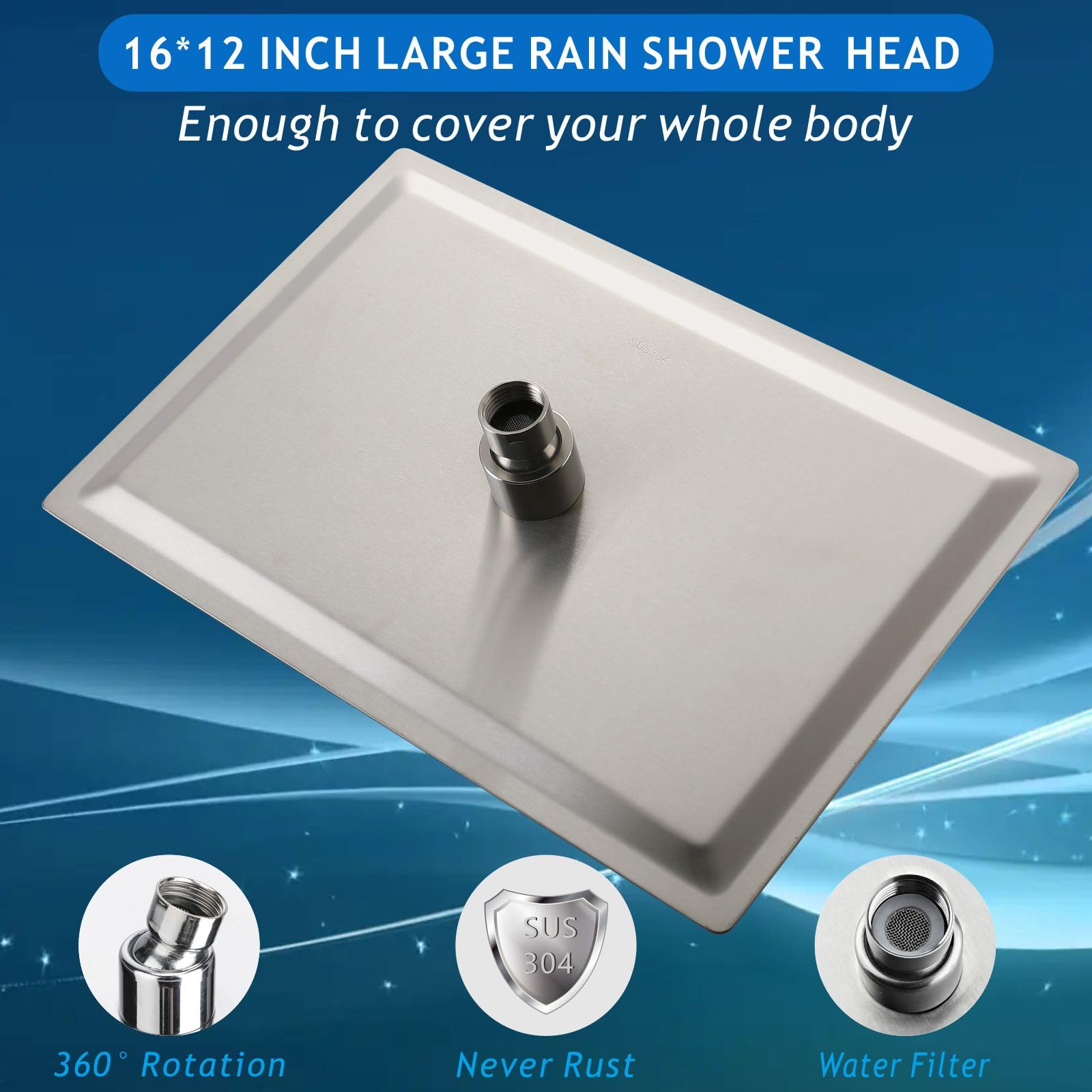 Voolan Extra Large Rain Shower Head side angle view showing expansive spray