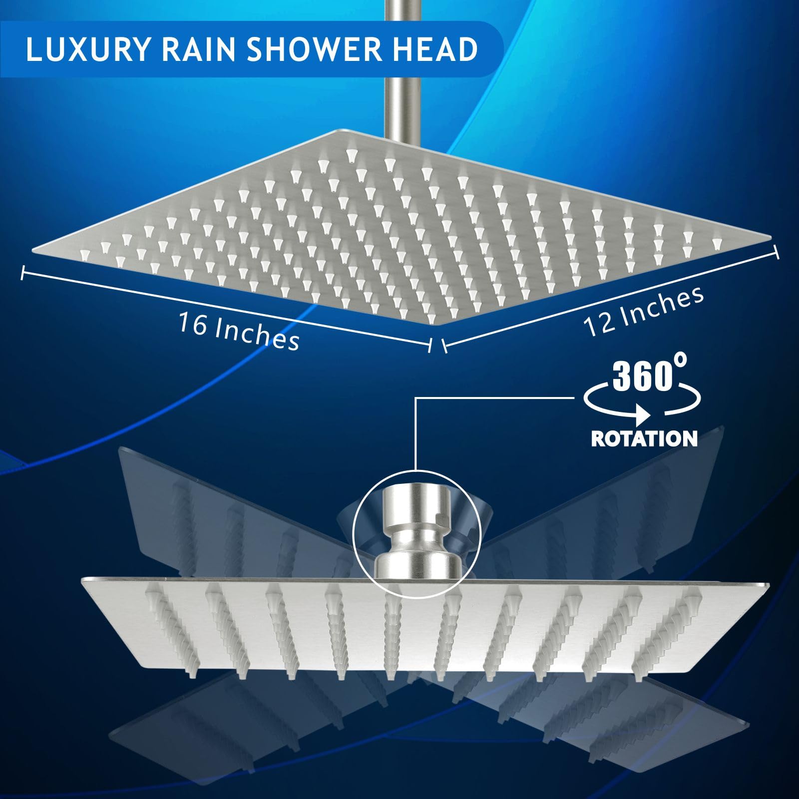 Voolan Extra Large Rain Shower Head swivel angle demonstrating adjustable spray direction