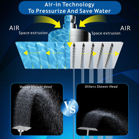 Voolan high-flow rain shower head provides full-body coverage for a refreshing shower.