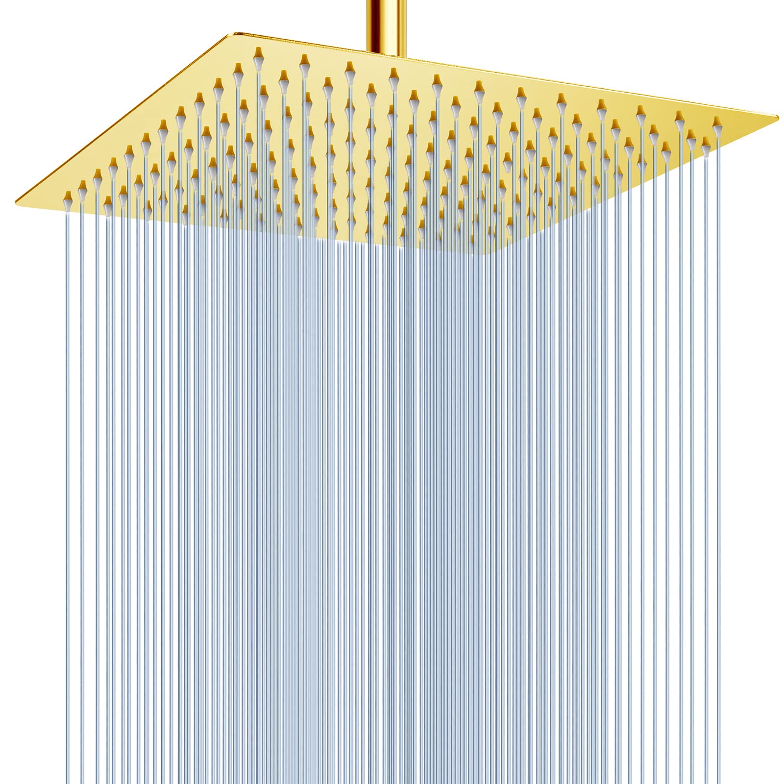 Voolan 12-inch gold rain shower head provides immersive coverage for a full-body rinse.
