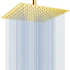 Voolan 12-inch gold rain shower head provides immersive coverage for a full-body rinse.