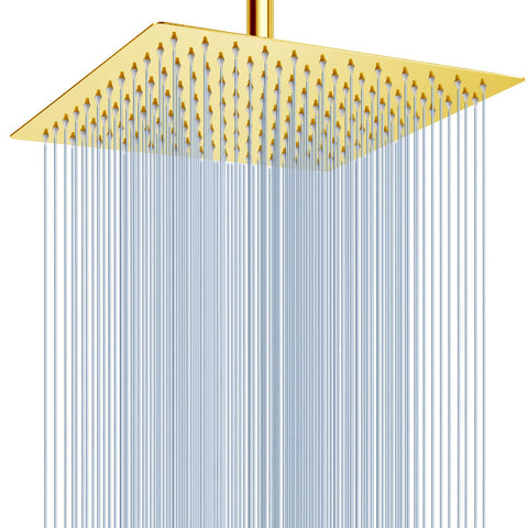 Voolan 12-inch gold rain shower head provides immersive coverage for a full-body rinse.