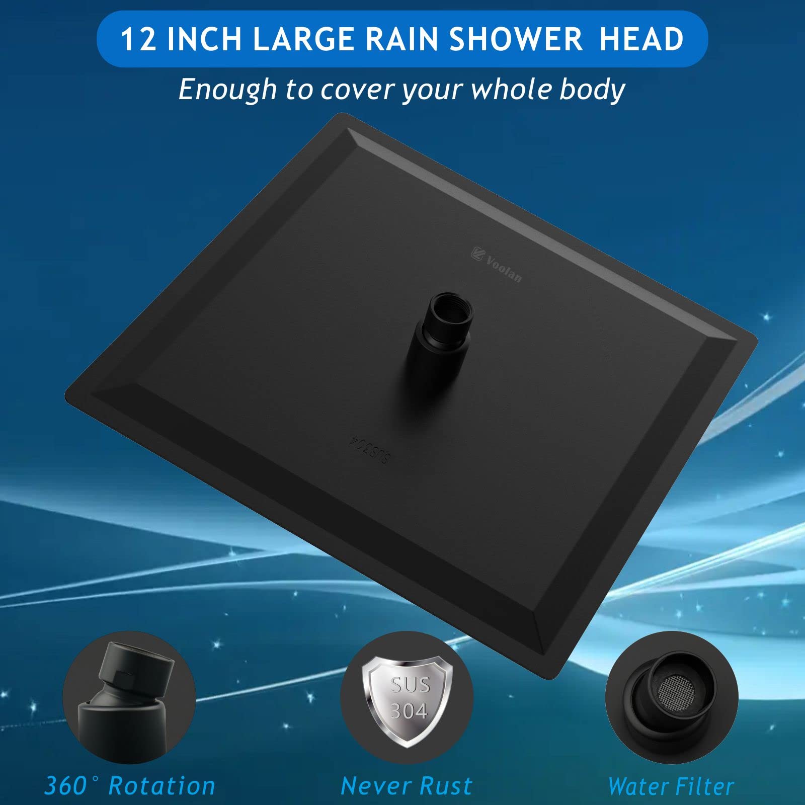 Voolan 12-inch square head in black finish for modern bathrooms.