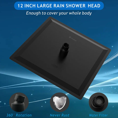 Voolan 12-inch square head in black finish for modern bathrooms.