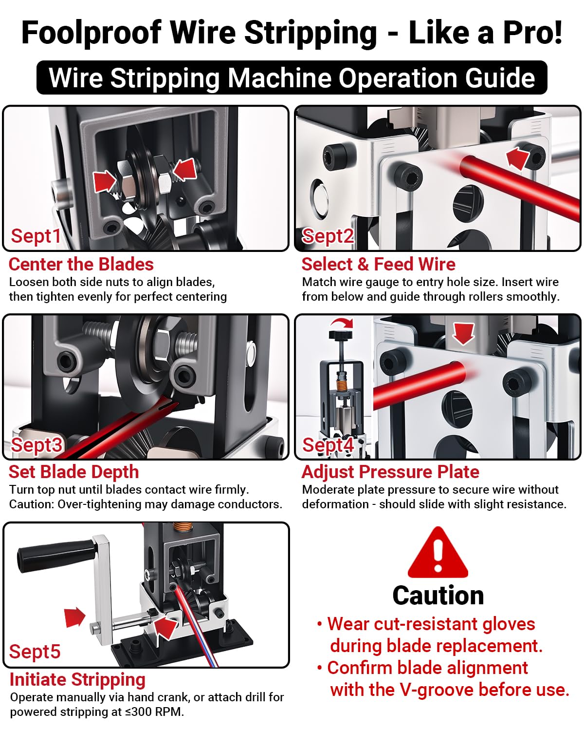 Spring-adjust knob auto-aligns to wire curves during stripping