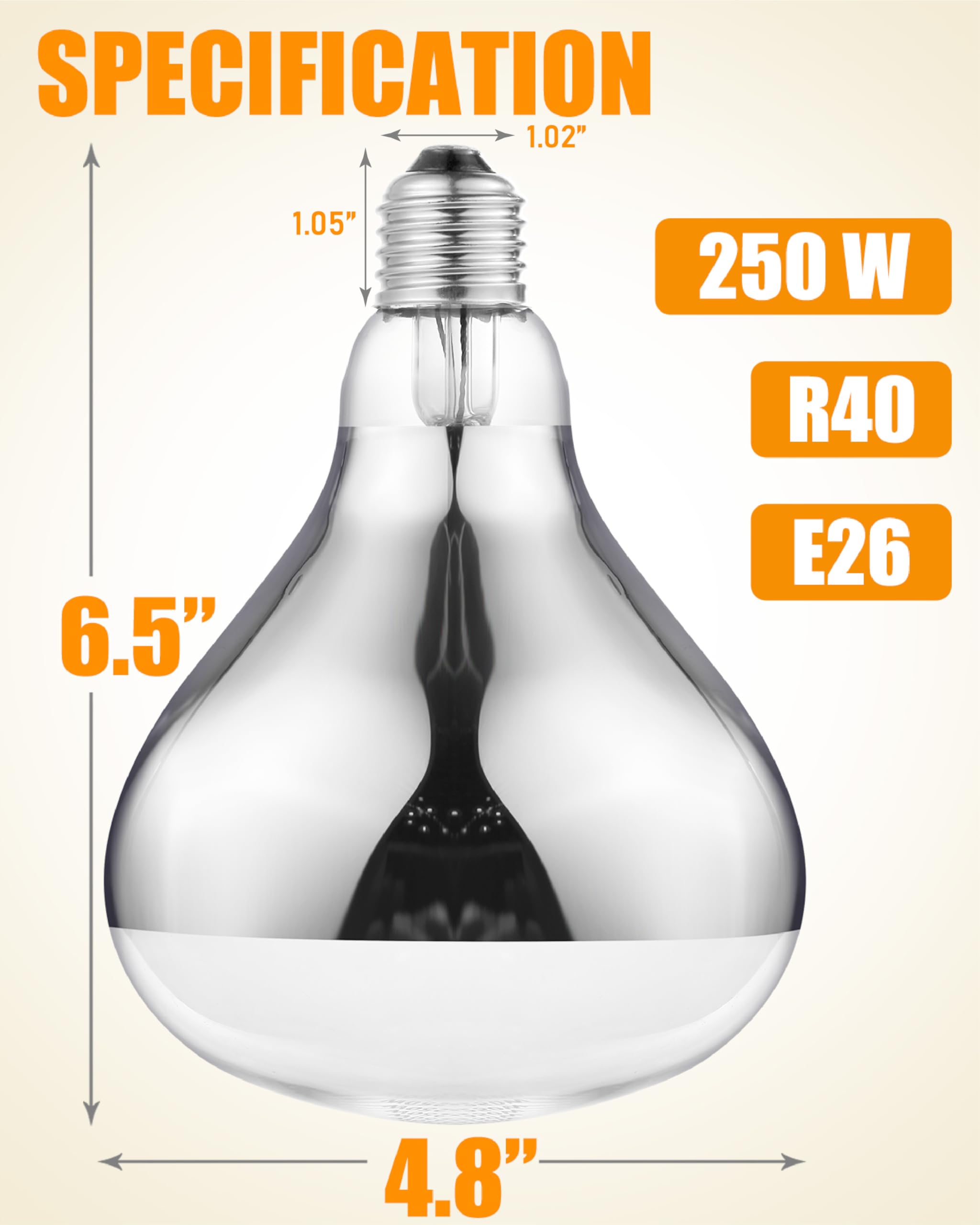 VORIGY 250W heat lamp bulb reflector focuses heat efficiently in spaces.