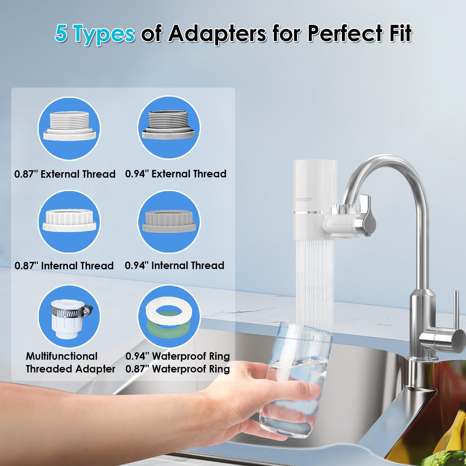 Vortopt faucet filter adapters fit most standard taps.