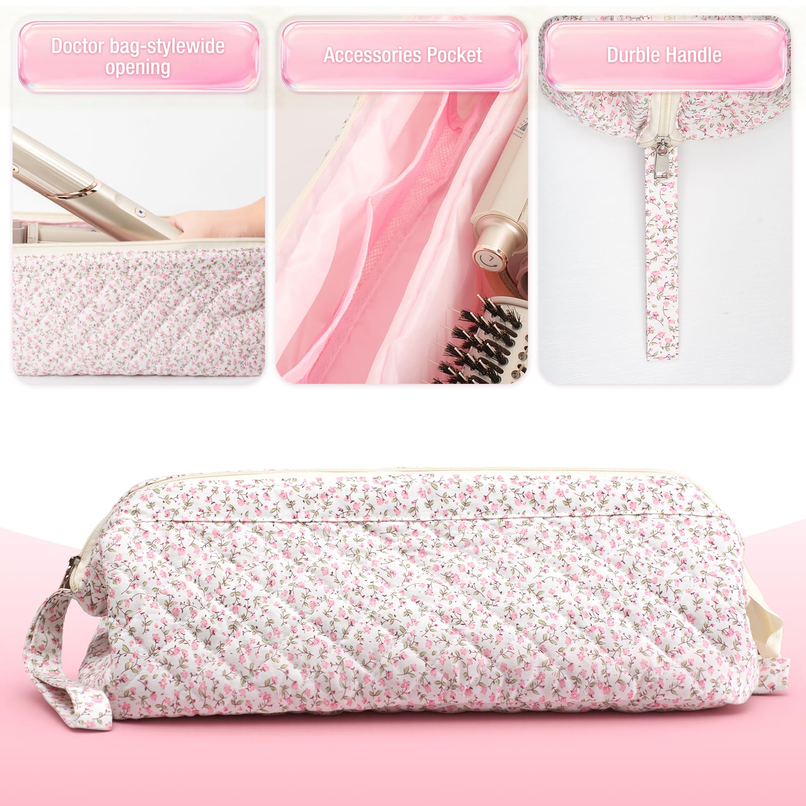 Voryssent bag demonstrates ample capacity for curling irons and attachments.