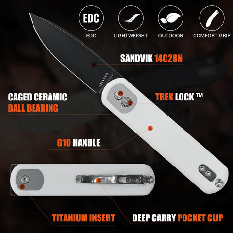 Vosteed Corgi white G10 handle provides secure grip for camping and office use.