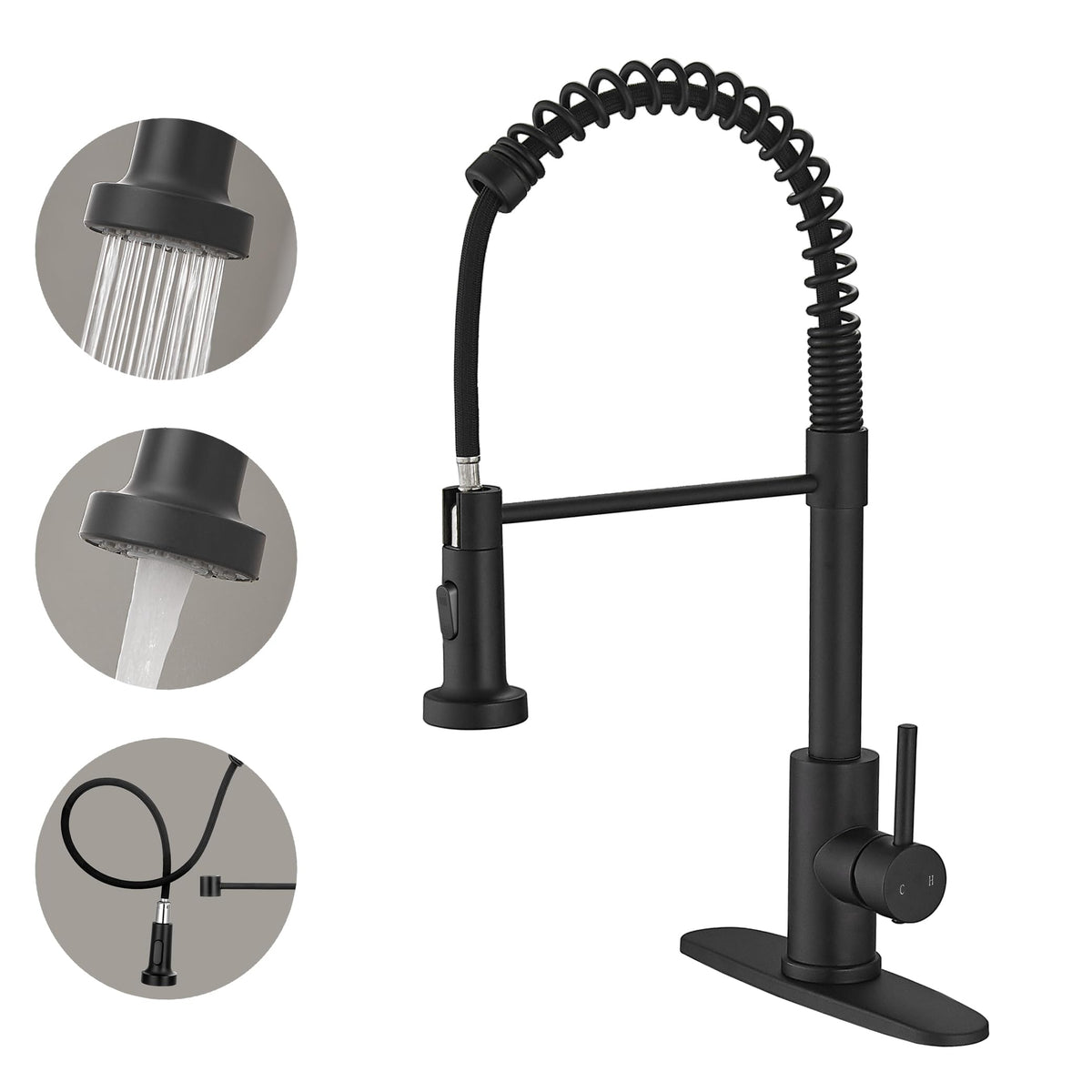 VOTON black kitchen faucet with pull-down spray for convenient cleaning.