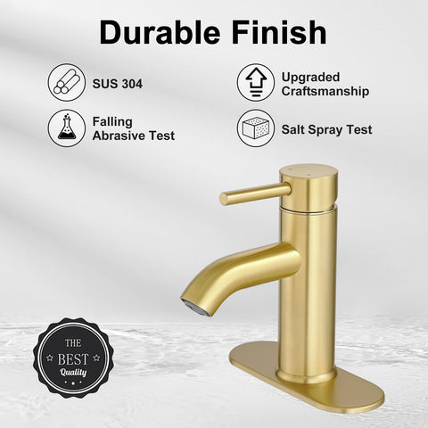 VOTON brushed gold faucet comes with deck plate for versatile installation.