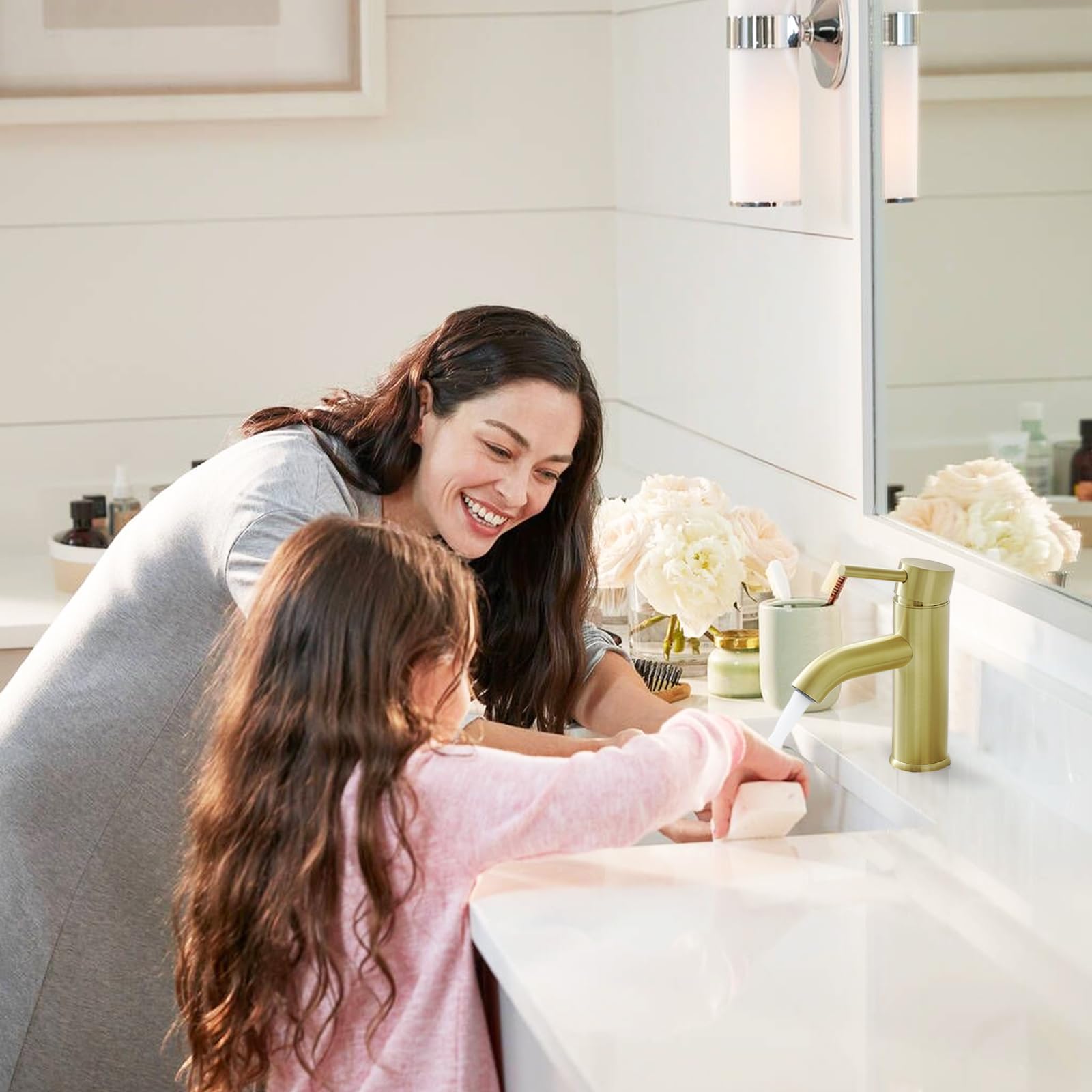 VOTON brushed gold faucet suits modern bathrooms and powder rooms.