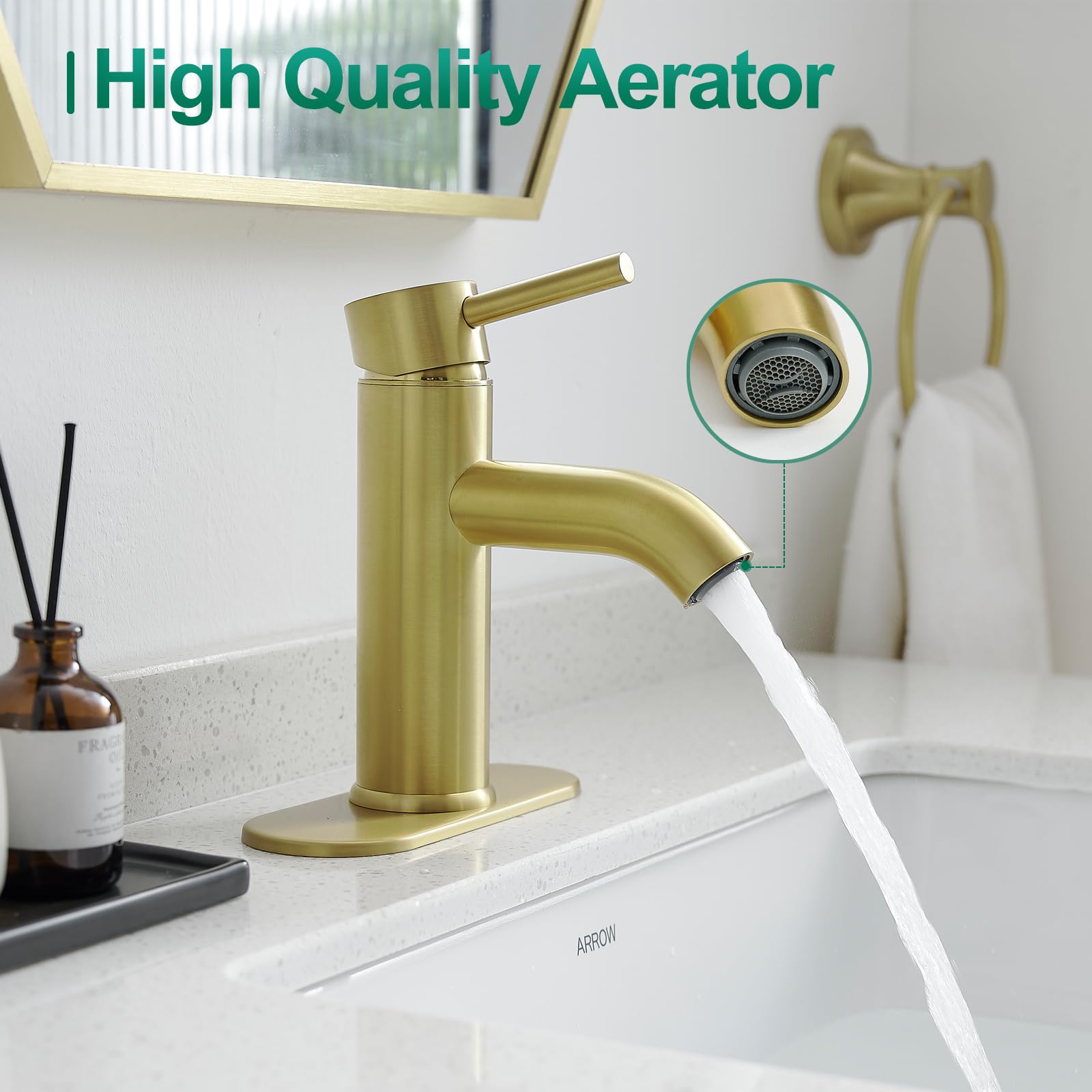 VOTON brushed gold bathroom faucet single handle for easy one-handed control.