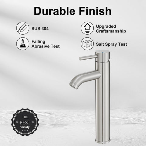 VOTON brushed nickel vessel faucet finish provides corrosion resistance and style.