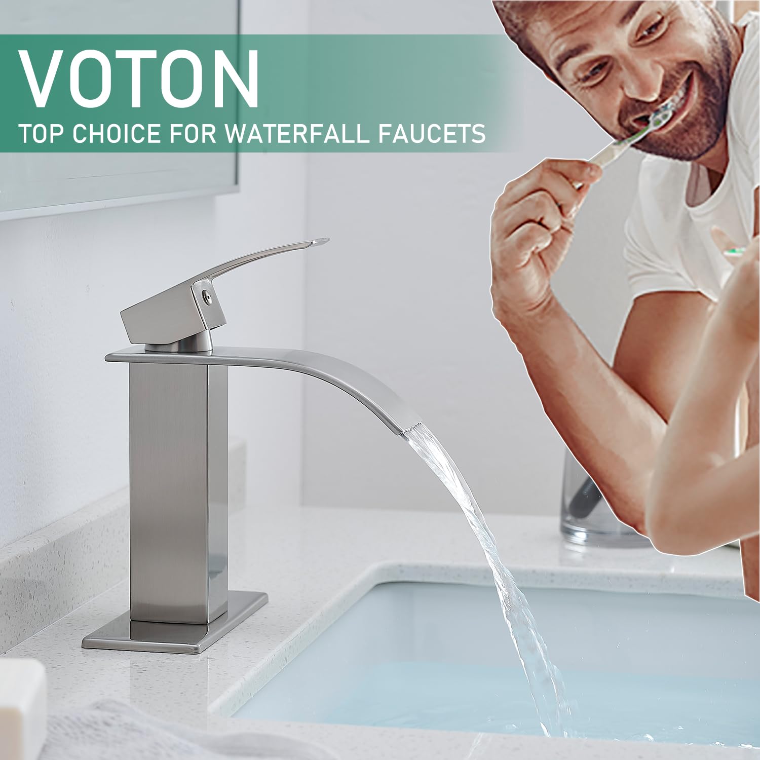 Modern VOTON faucet design complements contemporary bathrooms.