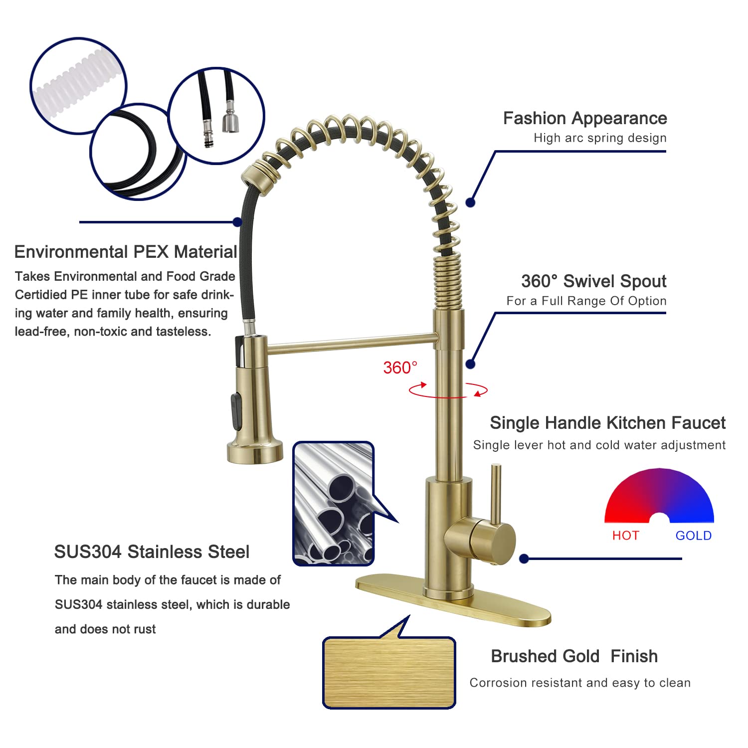 VOTON SUS304 stainless steel with brushed gold finish for durability and style